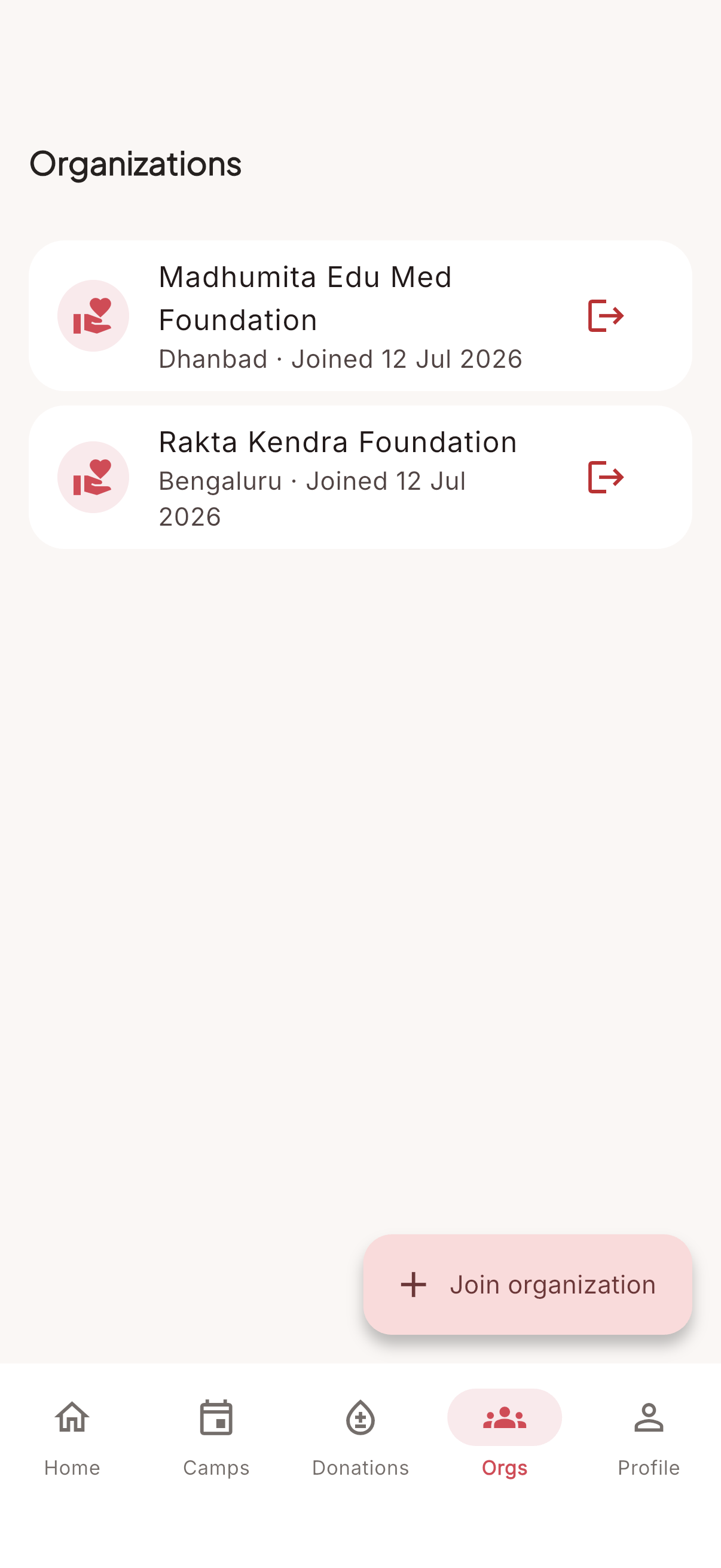 Organizations tab showing joined NGOs with join and leave controls